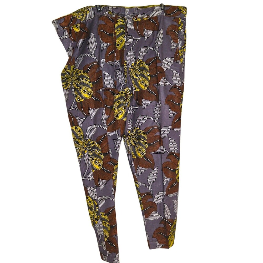 Wax African Print Wide Leg Pants Gray Ankara Drawstring Lounge Upto 46" Wide